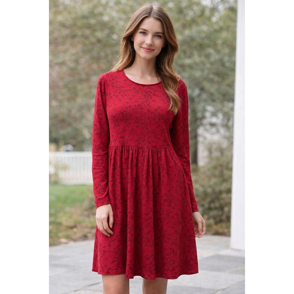 J Jill Wearever Red Floral Pleated Jersey Knit Dress MT New Tall Long Sleeve
